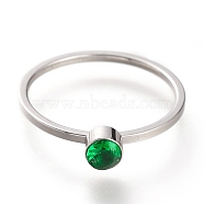304 Stainless Steel Finger Rings, with Rhinestone, Flat Round, Stainless Steel Color, Emerald, US Size 7~7 3/4(17.3~17.9mm)(RJEW-B0005-7-06P)