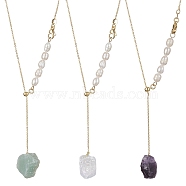 Natural Mixed Gemstone Nugget Pendant Lariat Necklace with Pearl Beaded, Golden Brass Chains Necklace, 18.90 inch(48cm)(NJEW-JN04508)