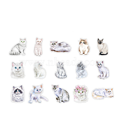 30Pcs 15 Styles Kitten Theme PET Plastic Cartoon Stickers, Self-adhesive Waterproof Decals, for Suitcase, Skateboard, Refrigerator, Helmet, Mobile Phone Shell, White, 50x45mm, 2pcs/style(ANIM-PW0002-40B)
