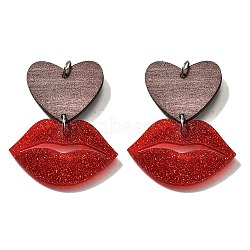 Acrylic Pendants, Lip with Heart Charms, with Poplar & Glitter Power & Platinum Loop, Red, 48x39.5x2.5mm, Hole: 4.5mm(FIND-B045-17)