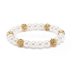 ABS Plastic Pearl & Brass Round Beaded Stretch Bracelet with Clear Rhinestone for Women, Golden, Inner Diameter: 2-1/8 inch(5.5cm)(BJEW-JB08523-01)