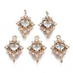 Brass Micro Pave Cubic Zirconia Links Connectors, with Glass, Long-Lasting Plated, Rhombus, Light Gold, Light Cyan, 17x11x4mm, Hole: 1.2mm(X-KK-R111-014-A03)