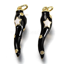 Brass Enamel Pendants, Long-Lasting Plated, Real 18K Gold Plated, Horn of Plenty, Italian Horn Cornicello, Black, 26x6x6mm, Hole: 3.3mm(X-KK-B026-15G-A)