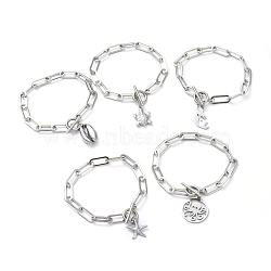 304 Stainless Steel Charm Bracelets, with 304 Stainless Steel Cable Chains, Mixed Shapes, Stainless Steel Color, 7-1/2 inch(19cm)(BJEW-JB05033)