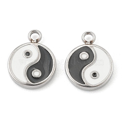 Fashion 304 Stainless Steel Enamel Charms, Flat Round with Tai Ji, Stainless Steel Color, 13x10x2mm, Hole: 1.8mm(STAS-Z009-10P)