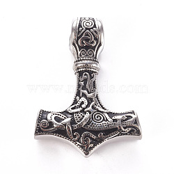 304 Stainless Steel Pendants, Thor's Hammer, Antique Silver, 43.5x31x9~10mm, Hole: 7~7.5mm(STAS-F218-02AS)