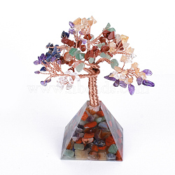 Natural Gemstone Chips and Gemstone pedestal Display Decorations, Healing Stone Tree, for Reiki Healing Crystals Chakra Balancing, with Rose Gold Tone Aluminum Wires, Lucky Tree, 120~150x60x59mm(G-S282-09)