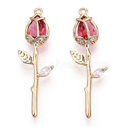 Brass Micro Pave Cubic Zirconia Pendants, Nickel Free, Real 18K Gold Plated, Rose Flower, Cerise, 29x9x5mm, Hole: 1mm(KK-S364-014A)