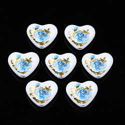 Flower Printed Opaque Acrylic Heart Beads, White, 16x19x8mm, Hole: 2mm(SACR-S305-28-F02)