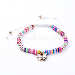 Adjustable Nylon Cord Braided Bead Bracelets, with Polymer Clay Heishi Beads, Alloy Enamel Charms and Real 18K Gold Plated Brass Beads, Butterfly, White, 1-7/8 inch~3-1/8 inch(4.9~8.1cm)(BJEW-JB05100-05)