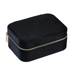 Italian Velvet Double Layers Jewelry Set Storage Zipper Boxes with Mirror Inside, Rectangle Jewelry Organizer Case for Earrings, Rings, Bracelets, Black, 16.5x11.5x7cm(CON-G023-09F)