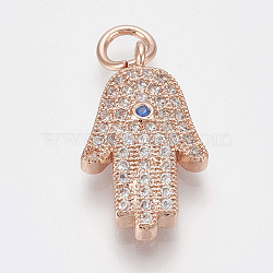 Brass Micro Pave Cubic Zirconia Pendants, with Jump Rings, Hamsa Hand/Hand of Fatima /Hand of Miriam, Clear, Rose Gold, 20x12x3mm, Hole: 3mm(ZIRC-Q018-020RG)