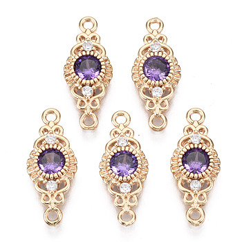 Brass Micro Pave Cubic Zirconia Links Connectors, with Glass, Horse Eye, Long-Lasting Plated, Light Gold, Dark Violet, 19.5x8x3mm, Hole: 1.2mm