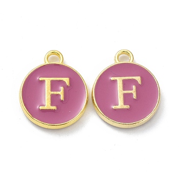 Golden Plated Alloy Enamel Charms, Cadmium Free & Lead Free, Enamelled Sequins, Flamingo, Flat Round with Letter, Letter.F, 14x12x2mm, Hole: 1.4mm