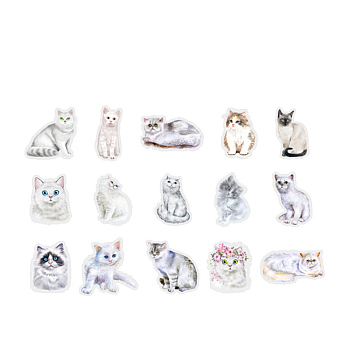 30Pcs 15 Styles Kitten Theme PET Plastic Cartoon Stickers, Self-adhesive Waterproof Decals, for Suitcase, Skateboard, Refrigerator, Helmet, Mobile Phone Shell, White, 50x45mm, 2pcs/style