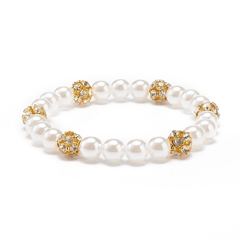 ABS Plastic Pearl & Brass Round Beaded Stretch Bracelet with Clear Rhinestone for Women, Golden, Inner Diameter: 2-1/8 inch(5.5cm)
