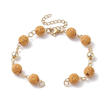 Dyed Natural Lava Rock Round Beaded Chain Bracelet Making, with Golden 304 Stainless Steel Findings, Fit for Connector Charms, Goldenrod, 6-3/4 inch(17cm)