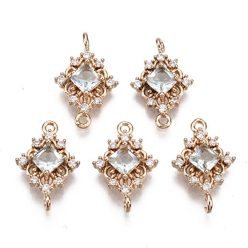 Brass Micro Pave Cubic Zirconia Links Connectors, with Glass, Long-Lasting Plated, Rhombus, Light Gold, Light Cyan, 17x11x4mm, Hole: 1.2mm