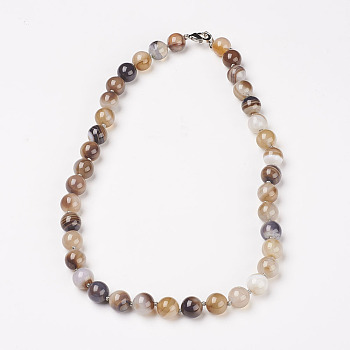 Natural Dyed Agate Beads Necklaces, with Brass Lobster Claw Clasps, Round, Gray, Beads: 10mm, 18.9 inch(48cm)