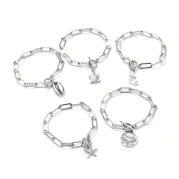 304 Stainless Steel Charm Bracelets, with 304 Stainless Steel Cable Chains, Mixed Shapes, Stainless Steel Color, 7-1/2 inch(19cm)