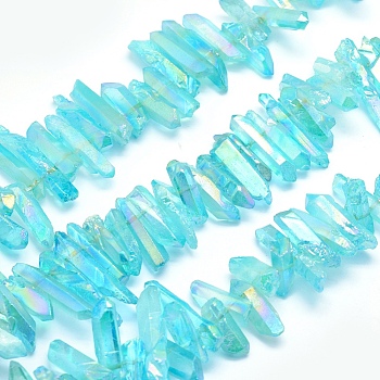 Electroplated Natural Quartz Crystal Beads Strands, Dyed, Nuggets, Rainbow Plated, Cyan, 20~39x5~12mm, Hole: 1~1.5mm, about 15.7 inch(40cm).