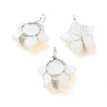 Opalite Pendants, with Platinum Tone Copper Wire Wrapped, Cadmium Free & Lead Free, Star, 34~37.5x29~31x10~12mm, Hole: 5~6mm