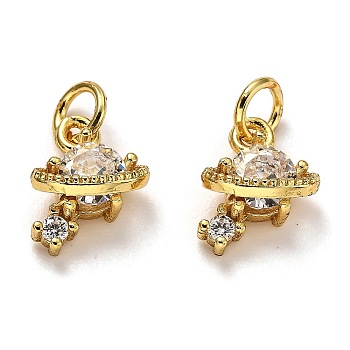 Brass Micro Pave Cubic Zirconia Charms, with Jump Rings, Long-Lasting Plated, Planet, Real 18K Gold Plated, 11.5x8.5x5mm, Hole: 3mm