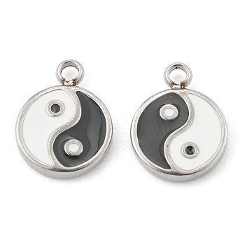 Fashion 304 Stainless Steel Enamel Charms, Flat Round with Tai Ji, Stainless Steel Color, 13x10x2mm, Hole: 1.8mm