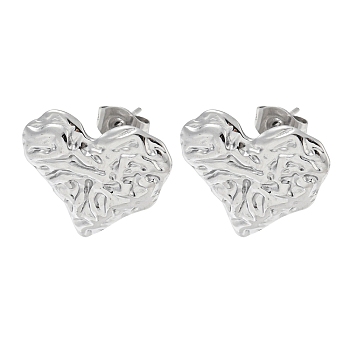 304 Stainless Steel Stud Earrings, Textured Heart, Stainless Steel Color, 16.5x18mm