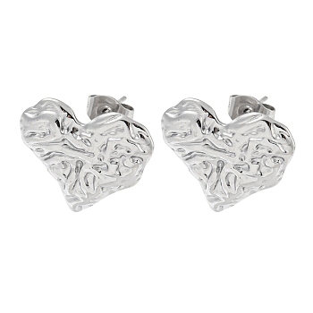 Non-Tarnish 304 Stainless Steel Stud Earrings, Textured Heart, Stainless Steel Color, 16.5x18mm