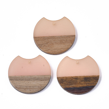 Resin & Walnut Wood Pendants, Gap Flat Round, Pink, 23x24.5x3.5mm, Hole: 2mm
