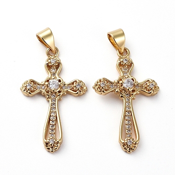 Brass Micro Pave Clear Cubic Zirconia Pendants, Long-Lasting Plated, Cross, Golden, 28x16.5x3.5mm, Hole: 4.5x3mm