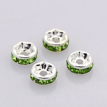 Brass Rhinestone Spacer Beads, Grade A, Straight Flange, Silver Color Plated, Rondelle, Peridot, 8x3.8mm Hole: 1.5mm