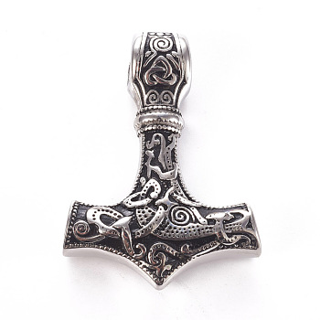 304 Stainless Steel Pendants, Thor's Hammer, Antique Silver, 43.5x31x9~10mm, Hole: 7~7.5mm