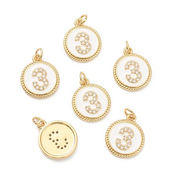 Brass Micro Pave Clear Cubic Zirconia Charms, Long-Lasting Plated, with Jump Rings and White Enamel, Flat Round with Number, Real 18K Gold Plated, Num.3, 14.5x12x2mm, Hole: 1.5mm