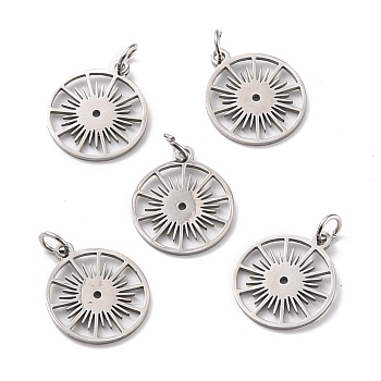 201 Stainless Steel Pendants, with Jump Ring, Flat Round with Sun, Stainless Steel Color, 17.5x15x1mm, Hole: 3mm, Jump Ring: 5x1mm