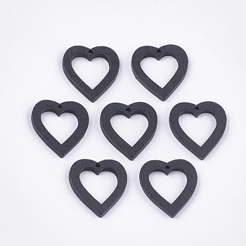 Painted Poplar Wood Pendants, Heart, Black, 25x23x3mm, Hole: 1.5mm