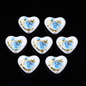 Flower Printed Opaque Acrylic Heart Beads, White, 16x19x8mm, Hole: 2mm
