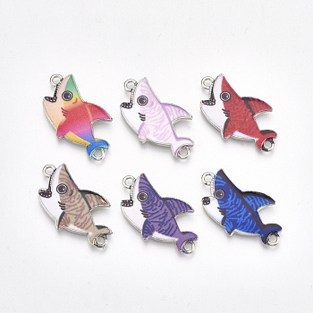 Printed Alloy Links connectors, with Enamel, Shark, Platinum, Mixed Color, 16x28.5x1.5mm, Hole: 1.8mm