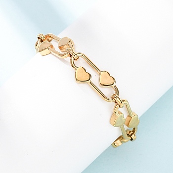 304 Stainless Steel Chain Bracelets, Oval with Heart, Golden, 6.10 inch(15.5cm)