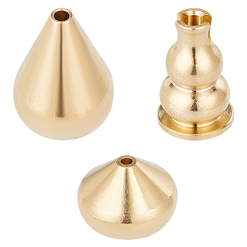 3Pcs 3 Style Brass Incense Burners, Incense Holders, Home Office Teahouse Zen Buddhist Supplies, Light Gold, Teardrop/Calabash, Mixed Patterns, 11~22x14~16.5mm, Hole: 1.8~3mm, 1pc/style