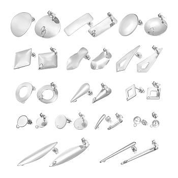 304 Stainless Steel Stud Earring Findings, with Loop and Ear Nuts/Earring Backs, Mixed Shapes, Stainless Steel Color, 74x72x17mm, 30pcs/box