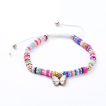 Adjustable Nylon Cord Braided Bead Bracelets, with Polymer Clay Heishi Beads, Alloy Enamel Charms and Real 18K Gold Plated Brass Beads, Butterfly, White, 1-7/8 inch~3-1/8 inch(4.9~8.1cm)