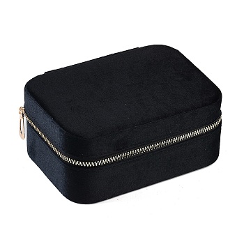 Italian Velvet Double Layers Jewelry Set Storage Zipper Boxes with Mirror Inside, Rectangle Jewelry Organizer Case for Earrings, Rings, Bracelets, Black, 16.5x11.5x7cm