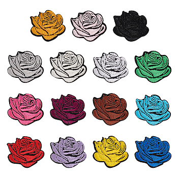 60Pcs 15 Colors Rose Shape Cloth Iron on Embroidered Patches, Sewing Craft Decoration, Mixed Color, 26x30x1mm, 4pcs/color