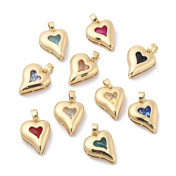 Rack Plating Brass Pendants, Heart Shaped Glass Charms, Long-Lasting Plated, Cadmium Free & Lead Free, Real 18K Gold Plated, Mixed Color, 20.5x16x5mm, Hole: 3x5.5mm