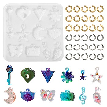 1Pc DIY Pendant Silicone Molds, Heart Key, Heart Lock, Triangle, Flower, Star, Moon, Fox's Head, Butterfly, Musical Note, Leaf, Cup, with 200Pcs Jump Rings, White, Mold: 77x79x4mm, Hole: 1.5mm, Inner Diameter: 11.5~25x9~20mm, Jump Rings: 5x0.8mm