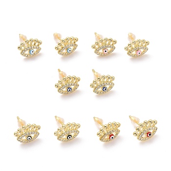Clear Cubic Zirconia Evil Eye Stud Earrings with Enamel, Light Gold Plated Brass Jewelry for Women, Cadmium Free & Lead Free, Mixed Color, 8.5x12mm, Pin: 0.9mm