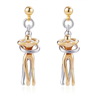 Hug Jewelry, Brass Embrace Couple Dangle Stud Earrings for Valentine's Day, Platinum & Golden, 34.5x9.7mm, Pin: 0.7mm