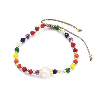 Adjustable Natural Pearl & Glass & Brass Braided Beaded Bracelet for Women, Colorful, Inner Diameter: 2~3 inch(5~7.8cm)
